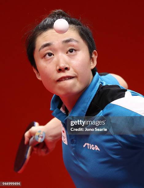 Tianwei Feng of Singapore competes in the women's round of 16 against Melissa Tapper of Australia during Table Tennis on day eight of the Gold Coast...