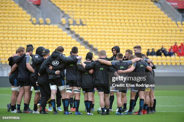 Team Huddle during a Hurricanes Super Rugby Captain's Run at Westpac Stadium on April 12, 2018 in Wellington, New Zealand.