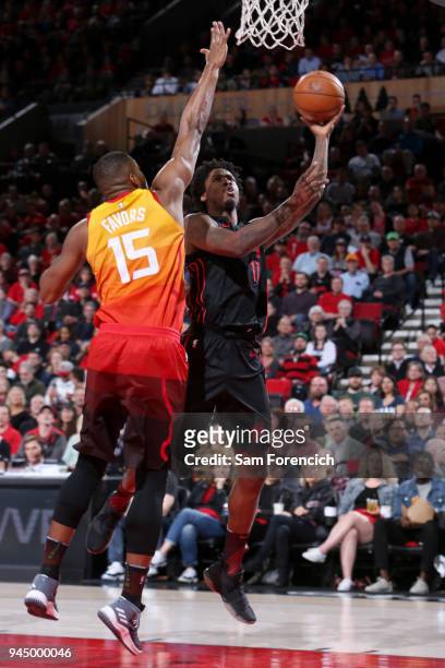 Ed Davis of the Portland Trail Blazers shoots the ball against the Utah Jazz on April 11, 2018 at the Moda Center in Portland, Oregon. NOTE TO USER:...