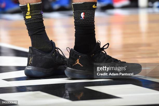 The sneakers of Tyler Ennis of the Los Angeles Lakers during the game against the LA Clippers on April 11, 2018 at STAPLES Center in Los Angeles,...