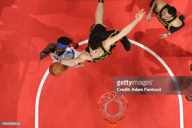 Montrezl Harrell of the LA Clippers and Ivica Zubac of the Los Angeles Lakers go for a rebound during the game on April 11, 2018 at STAPLES Center in...