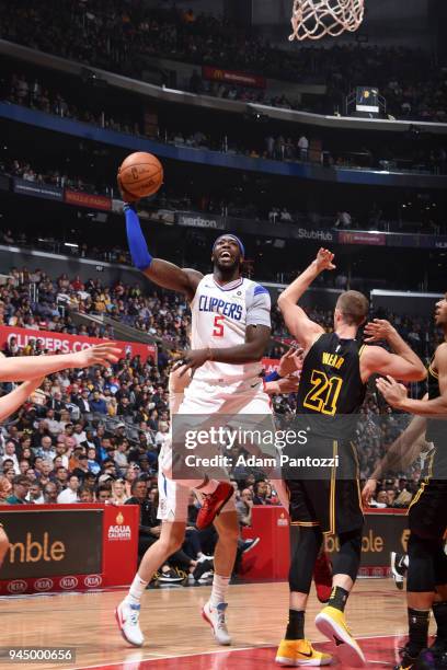 Montrezl Harrell of the LA Clippers goes to the basket against the Los Angeles Lakers on April 11, 2018 at STAPLES Center in Los Angeles, California....