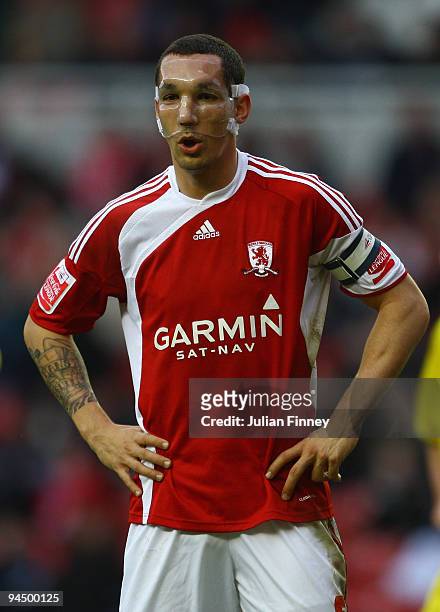 Emanuel Pogatetz of Middlesbrough looks on during the Coca-Cola Championship match between Middlesbrough and Cardiff City at the Riverside Stadium on...