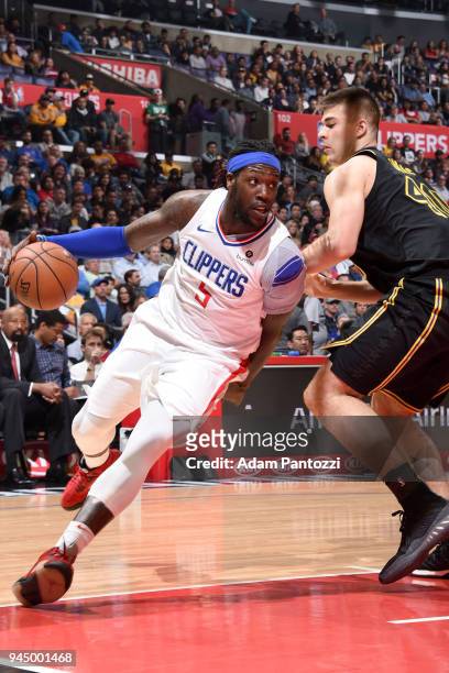 Montrezl Harrell of the LA Clippers handles the ball against the Los Angeles Lakers on April 11, 2018 at STAPLES Center in Los Angeles, California....