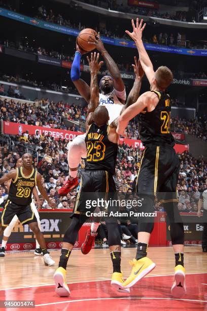 Montrezl Harrell of the LA Clippers shoots the ball against the Los Angeles Lakers on April 11, 2018 at STAPLES Center in Los Angeles, California....