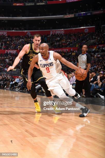 Williams of the LA Clippers handles the ball against the Los Angeles Lakers on April 11, 2018 at STAPLES Center in Los Angeles, California. NOTE TO...