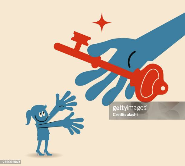 big hand giving a big key (solution) to a smiling business woman - freedom of expression is a right and not granted stock illustrations