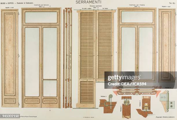 Window and door fittings, chromolithograph from Particolari di costruzioni murali e finimenti di fabbricati, Costruzioni in Cemento armato e Opere di...