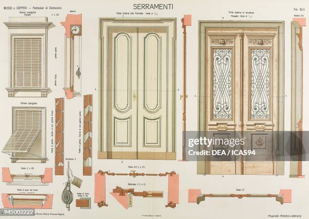 Window and door fittings, chromolithograph from Particolari di costruzioni murali e finimenti di fabbricati, Costruzioni in Cemento armato e Opere di...