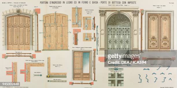 Wooden, iron and cast-iron entranceway doors, chromolithograph from Particolari di costruzioni murali e finimenti di fabbricati, Costruzioni in...