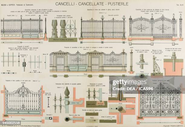 Gates and railings, chromolithograph from Particolari di costruzioni murali e finimenti di fabbricati, Costruzioni in Cemento armato e Opere di...