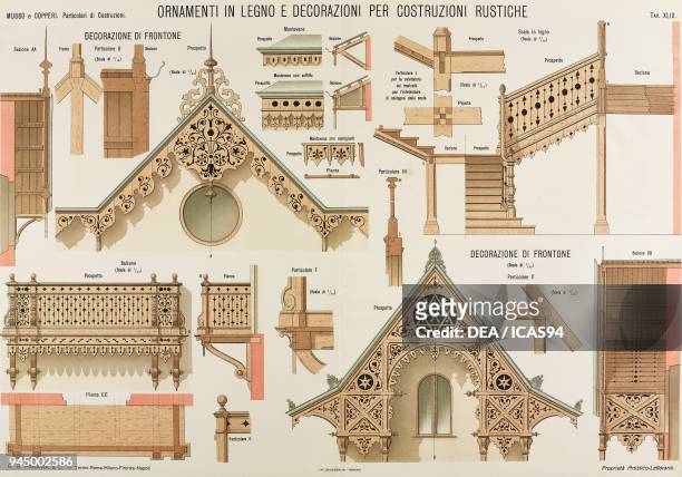 Wooden ornaments and decorations for rustic buildings, chromolithograph from Particolari di costruzioni murali e finimenti di fabbricati, Costruzioni...