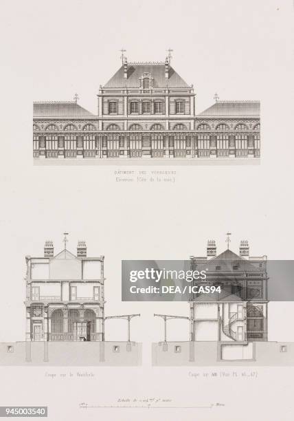 Elevation and sections of the Vichy railway station, designed by Denis Darcy, France, engraving by Bordet from Revue generale de l'architecture et...