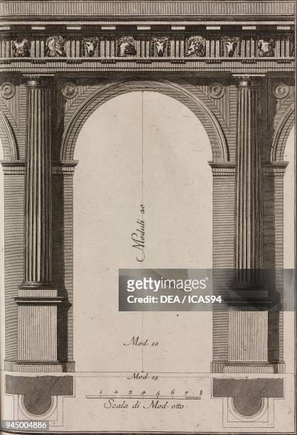 Intercolumniation with arch, Doric capitals and pedestals, engraving from Il Vignola Illustrato, by Giambattista Spampani and Carlo Antonini, printed...