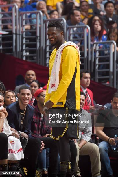 Julius Randle of the Los Angeles Lakers reacts to a play during the game against the LA Clippers on April 11, 2018 at STAPLES Center in Los Angeles,...