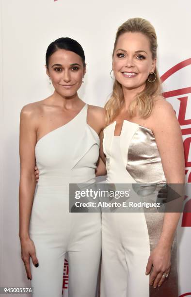 Emmanuelle Chriqui and Marisa Coughlan attend the premiere of Fox Searchlight's "Super Troopers 2" at ArcLight Hollywood on April 11, 2018 in...