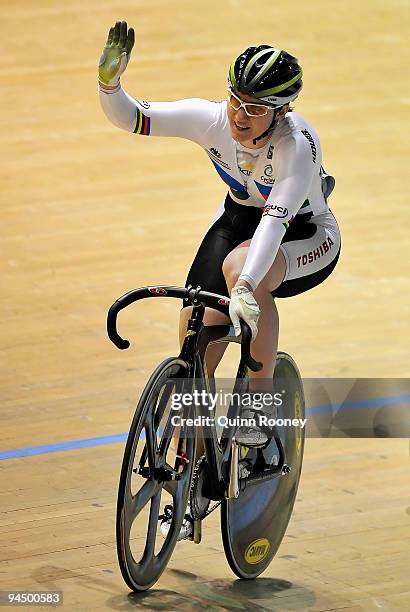Anna Meares of Australia celebrates winning the sprint semi-final of the 2009 Revolution 5 at Hisense Arena on December 16, 2009 in Melbourne,...