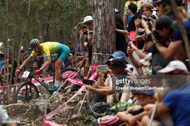 Daniel McConnelll of Australia competes during the Men's Cross-country on day eight of the Gold Coast 2018 Commonwealth Games at Nerang Mountain Bike...