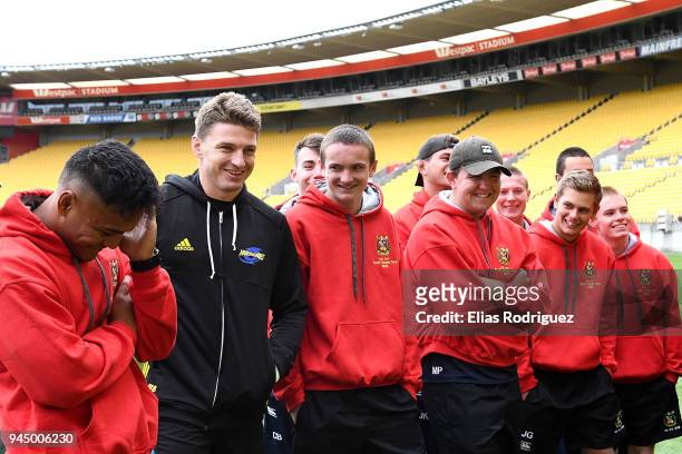 Beauden Barrett meet some Francis Douglas Memorial College players during a Hurricanes Super Rugby Captain's Run at Westpac Stadium on April 12, 2018...