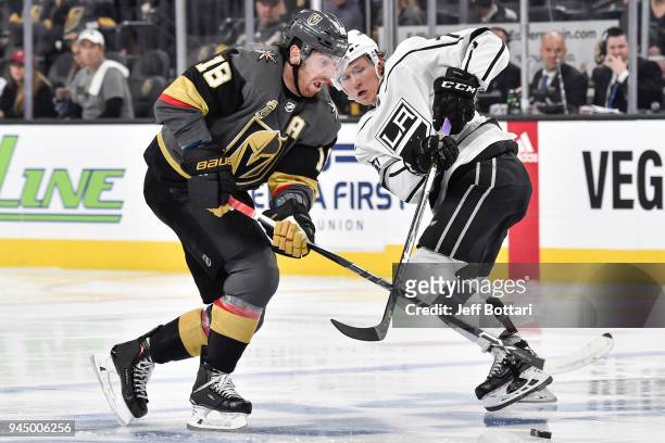 James Neal of the Vegas Golden Knights and Tyler Toffoli of the Los Angeles Kings battle for the puck in Game One of the Western Conference First...