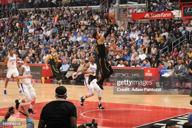 Josh Hart of the Los Angeles Lakers goes to the basket against the LA Clippers on April 11, 2018 at STAPLES Center in Los Angeles, California. NOTE...