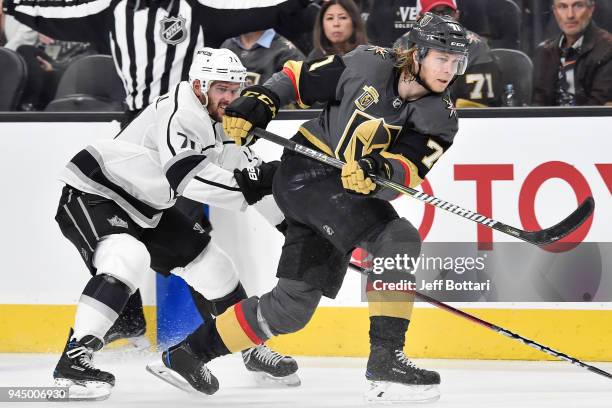 Torrey Mitchell of the Los Angeles Kings defends William Karlsson of the Vegas Golden Knights in Game One of the Western Conference First Round...