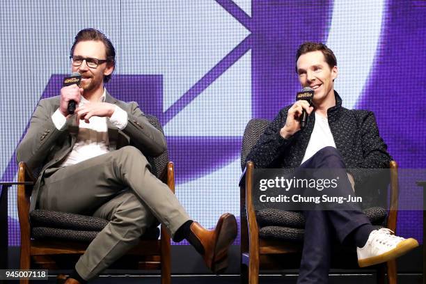 Tom Hiddleston and Benedict Cumberbatch attend the press conference for 'Avengers: Infinity War' Seoul premiere on April 12, 2018 in Seoul, South...