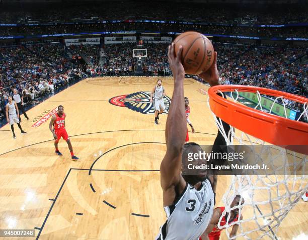Brandon Paul of the San Antonio Spurs dunks against the New Orleans Pelicans on April 11, 2018 at Smoothie King Center in New Orleans, Louisiana....