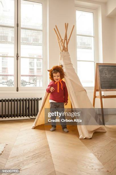 garçon vêtu d’un costume de lion - teepee photos et images de collection