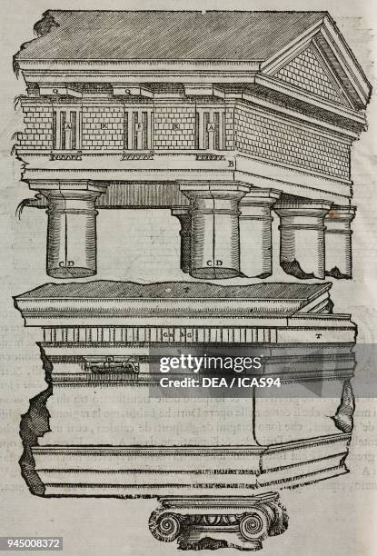 Doric trabeation with triglyphs and modillions ; ionic trabeation with dentil cornices ; engraving from I dieci libri d'architettura secondo i...