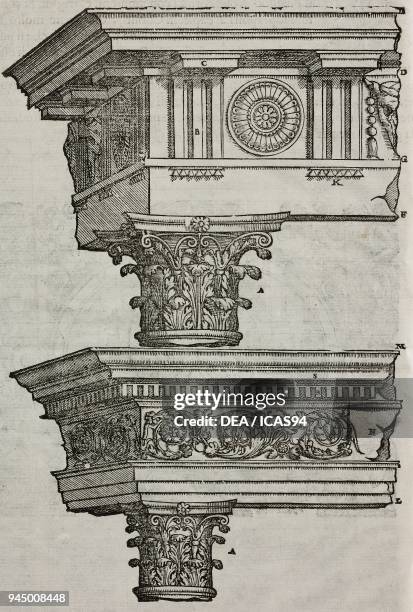 Trabeation with triglyphs and modillions on a Corinthian column ; trabeation with dentil cornices on a Corinthian column ; engraving from I dieci...