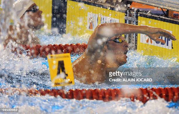 French Amaury Leveaux wins his men 100 freestyle final during the france small bath swiming national championship on December 6, 2009 in Chartres....