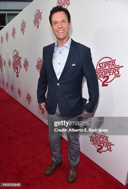 Erik Stolhanske attends the premiere of Fox Searchlight's "Super Troopers 2" at ArcLight Hollywood on April 11, 2018 in Hollywood, California.