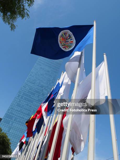 And America´s Summit flags waving at the Lima convention center in the framework of the VIII Summit of the Americas. The event takes place on April...