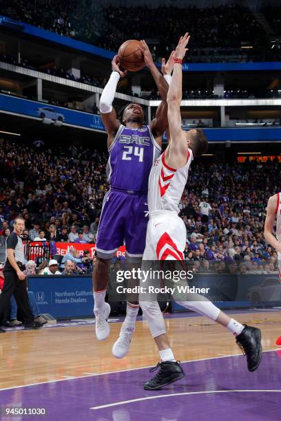 Buddy Hield of the Sacramento Kings goes to the basket against the Houston Rockets on April 11, 2018 at Golden 1 Center in Sacramento, California....