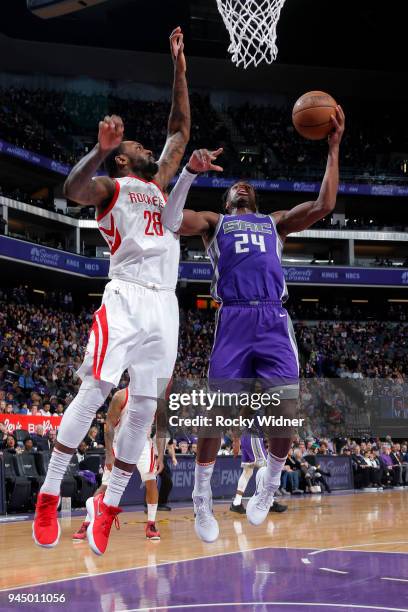 Buddy Hield of the Sacramento Kings goes to the basket against the Houston Rockets on April 11, 2018 at Golden 1 Center in Sacramento, California....