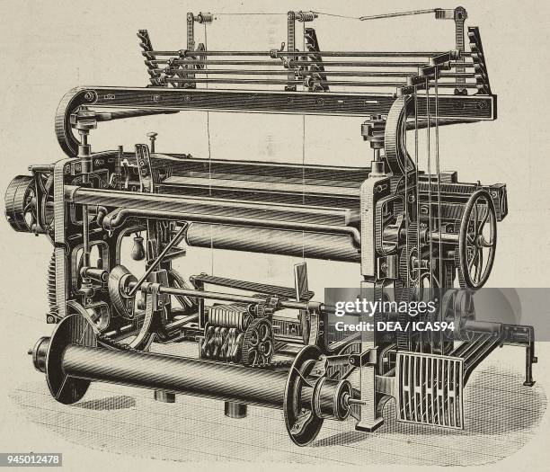 Shuttle loom with mechanism to introduce silk lines, weaving machine, illustration from L'Industria, Rivista tecnica ed economica illustrata, Milan,...