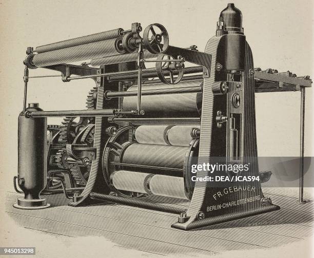 Mangle, machine for finishing fabrics, produced by FR Gebauer, Berlin, Germany, illustration from L'Industria, Rivista tecnica ed economica...