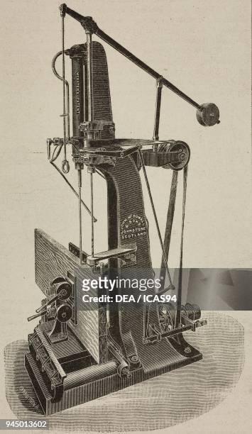Machine for drilling and connecting wooden planks with dowel joints, produced by John Mc Dowall & Sons, United Kingdom, illustration from...