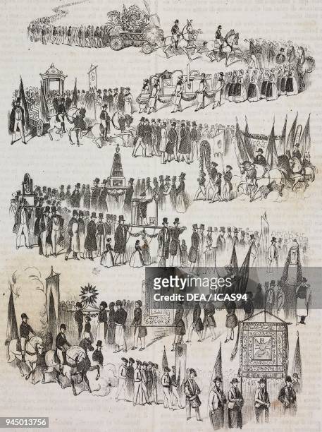 Industrial procession in Strasbourg, France, lithograph by Giovanni Mariani from Poliorama Pittoresco, n 29, February 24, 1844.