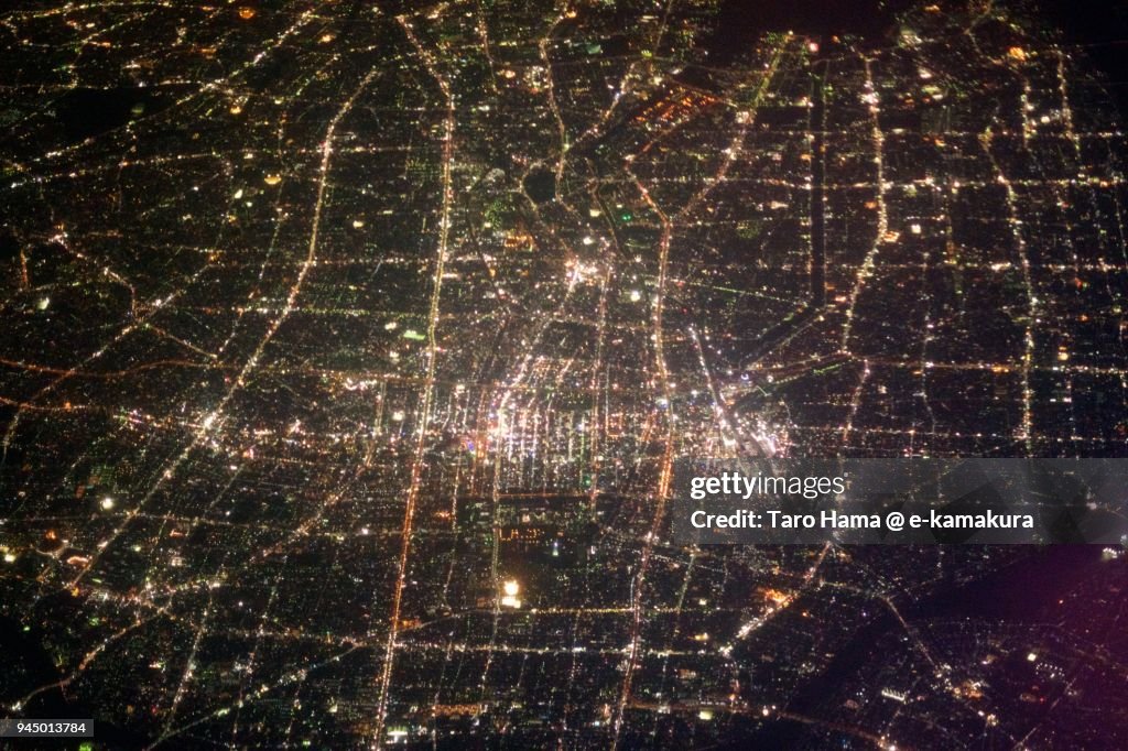 JR Nagoya station in Aichi prefecture in Japan night time aerial view from airplane