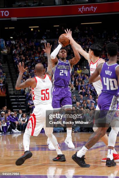 Buddy Hield of the Sacramento Kings shoots the ball against the Houston Rockets on April 11, 2018 at Golden 1 Center in Sacramento, California. NOTE...