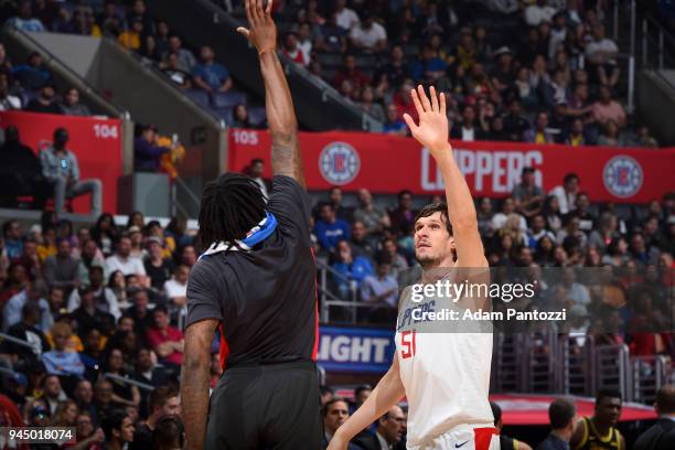 DeAndre Jordan and Boban Marjanovic of the LA Clippers during the game against the Los Angeles Lakers on April 11, 2018 at STAPLES Center in Los...
