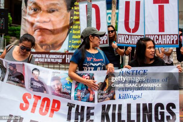 Activists from Filipino migrant organisations as well as local and international human rights activists protest against the visit by Philippines...