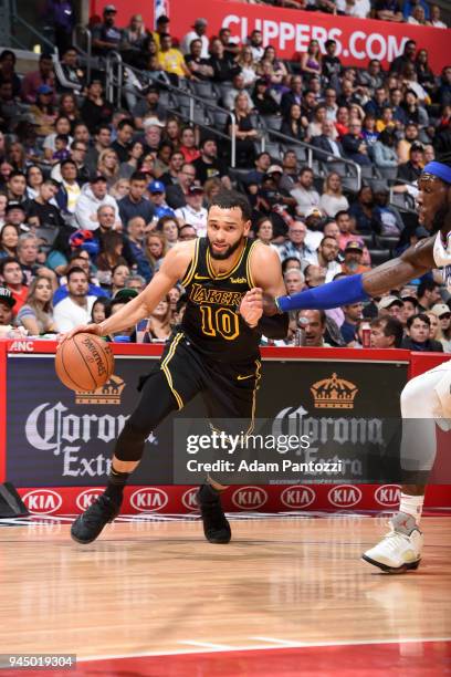 Tyler Ennis of the Los Angeles Lakers handles the ball against the LA Clippers on April 11, 2018 at STAPLES Center in Los Angeles, California. NOTE...