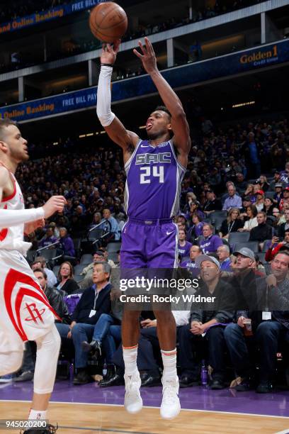 Buddy Hield of the Sacramento Kings shoots the ball against the Houston Rockets on April 11, 2018 at Golden 1 Center in Sacramento, California. NOTE...