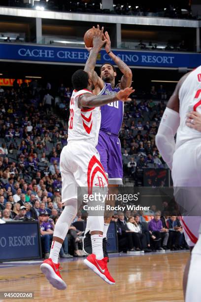 Willie Cauley-Stein of the Sacramento Kings shoots the ball against the Houston Rockets on April 11, 2018 at Golden 1 Center in Sacramento,...