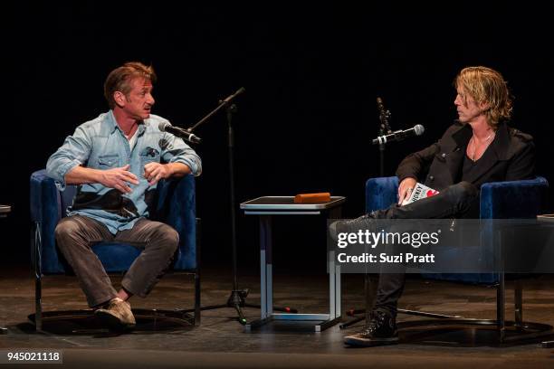 Actor and author Sean Penn discusses his new book 'Bob Honey Who Just Do Stuff: A Novel' with musician Duff McKagan at The Moore Theatre on April 11,...