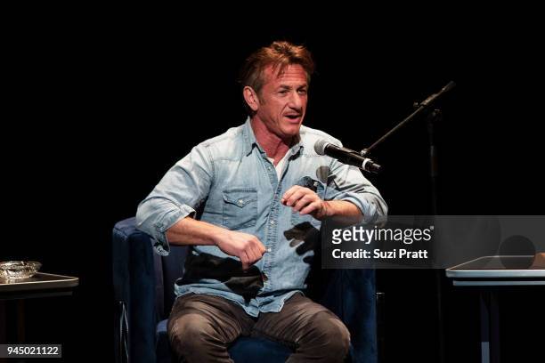 Actor and author Sean Penn discusses his new book 'Bob Honey Who Just Do Stuff: A Novel' at The Moore Theatre on April 11, 2018 in Seattle,...