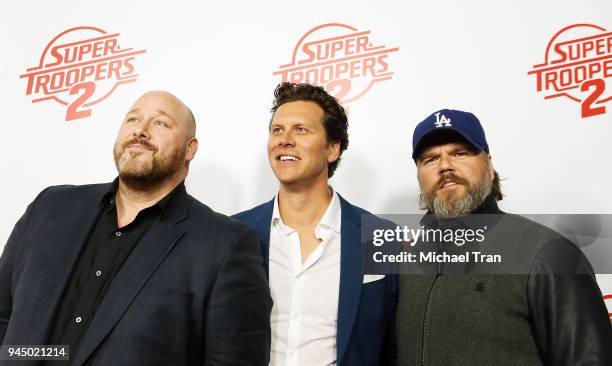 Will Sasso, Hayes MacArthur and Tyler Labine arrive to the Los Angeles premiere of Fox Searchlight Pictures' "Super Troopers 2" held at ArcLight...